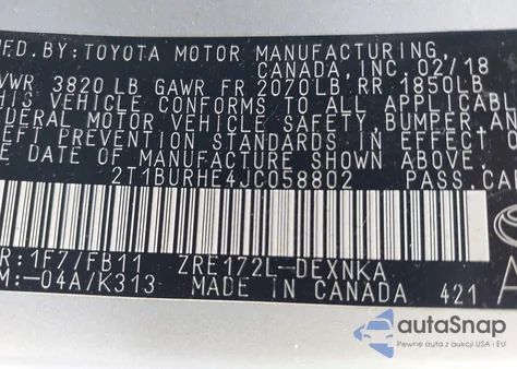 2018 Toyota Corolla Le from USA, damaged, VIN 2T1BURHE4JC058802